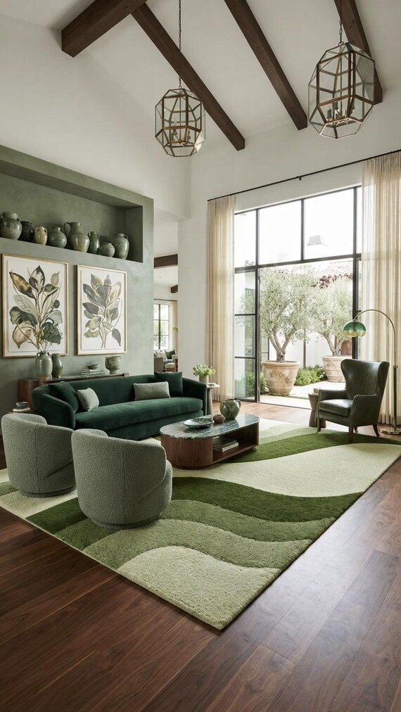 Green Abstract Hand Tufted Wool Rug, Modern Sage Area Rug, Luxury NZ Wool Carpet, Living Room Bedroom Handmade Rug