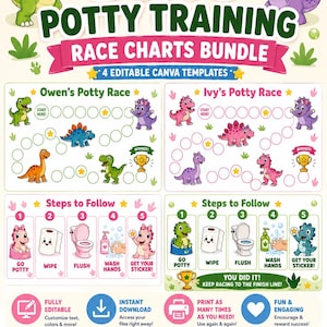 Peut inclure: Un ensemble numérique de quatre tableaux de récompenses pour l'apprentissage de la propreté avec des illustrations de dinosaures, des guides d'hygiène et des cercles de suivi. Le texte inclut DINO POTTY TRAINING RACE CHARTS BUNDLE et Steps to Follow.