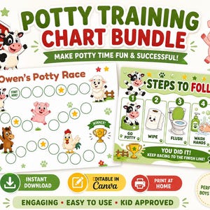 May include: A potty training chart bundle featuring farm animal illustrations including a cow, pig, sheep, horse, and chicken. The charts include text such as "Potty Training Chart Bundle," "Owen's Potty Race," and "Steps to Follow" with numbered icons.