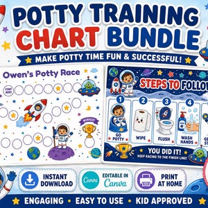 May include: A space-themed potty training chart bundle featuring two rectangular sheets with cartoon astronauts, rockets, and planets. The charts include a race track with circular spaces and a five-step guide with text labels for bathroom routines.