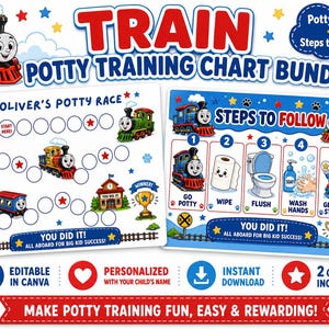 Puede incluir: Un conjunto de tablas de entrenamiento para ir al baño con temática de trenes, que incluye dos gráficos rectangulares con diseños en azul, rojo y blanco. Las tablas muestran trenes, un inodoro, jabón y un trofeo, con el texto TRAIN POTTY TRAINING CHART BUNDLE, OLIVER'S POTTY RACE y STEPS TO FOLLOW.