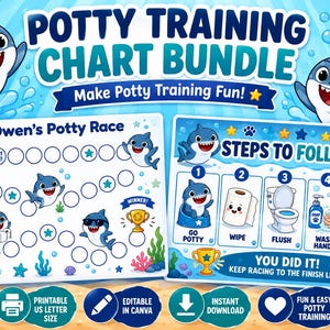 May include: A potty training chart bundle featuring two shark-themed printable charts. The design includes blue water backgrounds, cartoon sharks, and text reading Potty Training Chart Bundle, Owen's Potty Race, and Steps to Follow with five steps.