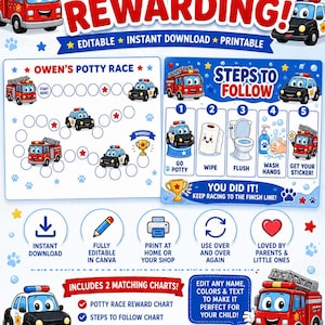 May include: A printable potty training chart set featuring a red fire engine and a black police car theme. Includes an Owen's Potty Race game board and a Steps to Follow chart with icons for toilet use, hand washing, and stickers. Blue background.