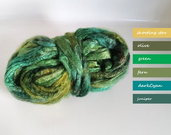 Hand dyed Tussah silk roving – SPRING Grass 0.88 oz (25 g) fiber for your handicrafts, suitable for rolags carding, spinning, nuno felting