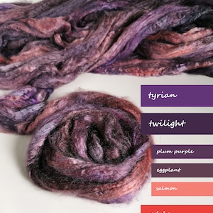 Hand dyed Tussah silk roving – PurPle EvEning 0.88oz (25g) fiber for your handicrafts suitable for rolags carding, spinning, nuno felting