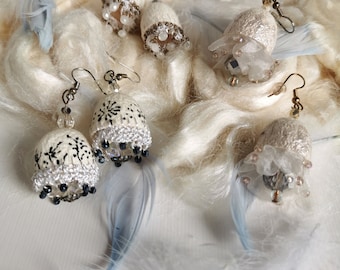 White Silk Cocoons Earrings, Lightweight Dangle Earrings, Silkworm Earrings, Romantic Jewelry for Her Mom, Mother's Day Gift, Handmade Gift.
