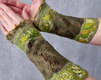 Felted Merino Wool Fingerless Gloves, Forest Arm Warmers, Boho Accessory