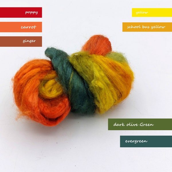 Roving de soie Tussah teint à la main – COULEUR TANGO 0,35 oz/10 g de fibre pour vos travaux manuels. Cardage Rolags. Filage. Aiguille ou Nuno Felting. Art de la fibre
