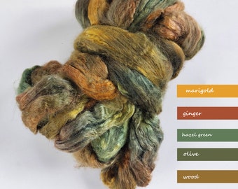 Hand Dyed Tussah Silk Roving – AUTUMN Forest 0.35oz (10g) Fiber Your Handcrafts, Rolags Carding, Spinning, Needle or Nuno Felting, Fiber Art