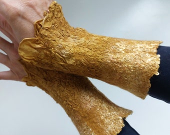 Felted Merino Wool Wrist Warmers – Natural Silk Fiber Gauntlets