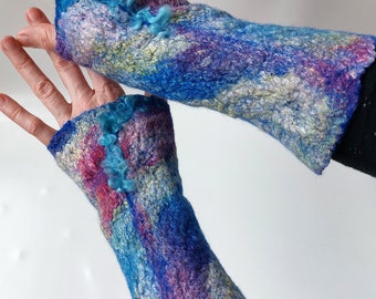 Silk and Wool Felted Wrist Warmers. Non-itchy Merino Wool Fingerless Gloves. Warm Hands. Gift for Her. Hand Accessory. Colors Blue, Rainbow.