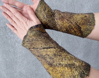 Felted Silk Wool Wrist Warmers: Non-Itchy Merino, Olive Brown Accessory
