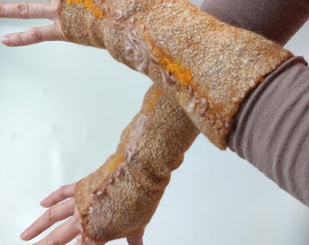 Felted Merino Wool Wrist Warmers, Silk Blend Fingerless Gloves, Non-itchy Arm Warmers, Sienna Beige