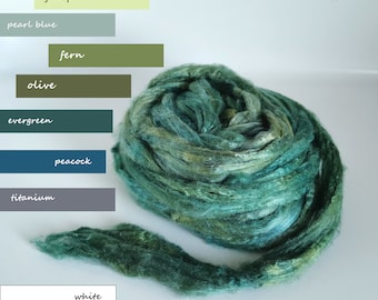 Hand dyed Tussah silk roving – LOTS of Green 0.88 oz (25 g) fiber for your handicrafts, suitable for rolags carding, spinning, nuno felting