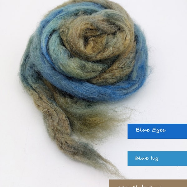 May include: A bundle of wool roving in blue, green, and brown colors. The colors are labeled "Blue Eyes", "Blue Ivy", and "Camel Brown".