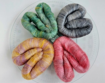 Rolags Punis Fiber - Hand Blended for Spinning, Felting. Merino Wool Tussah Silk. Handed Dyed Roving. Art Yarn. Ecological colorful Fibers.