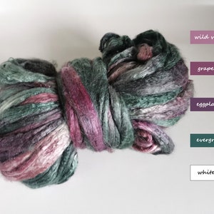 Hand dyed Tussah silk roving – VIOLET+Evergreen 0.88oz (25g) fiber for your handicrafts, suitable for rolags carding, spinning, nuno felting