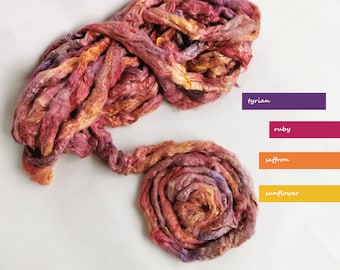 Hand Dyed Tussah Silk Roving – Flowering of Flowers, 0.88oz Fiber Art