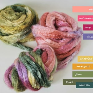 Hand dyed Tussah silk roving - AZALEA Flowering (0.35oz/10 g) fiber for your handicrafts, suitable for rolags carding, spinning,nunofelting
