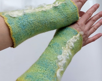 Silk and Wool Felted Wrist Warmers. Non-itchy Merino Wool Fingerless Gloves. Warm Hands. Gift for Her Hand Accessory Color Dull Green Yellow