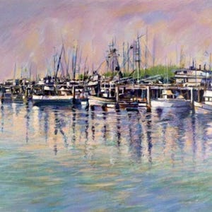 May include: An impressionistic painting of a harbor scene. Numerous boats are docked along a wooden pier, with masts and rigging reaching towards a soft, pastel-colored sky. The water reflects the boats and sky.
