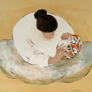 May include: A lithograph print depicting a figure with dark hair in a bun, wearing a white shirt, sitting on a textured light green surface. The figure holds a round ceramic bowl featuring a geometric pattern in red, black, and white colours.