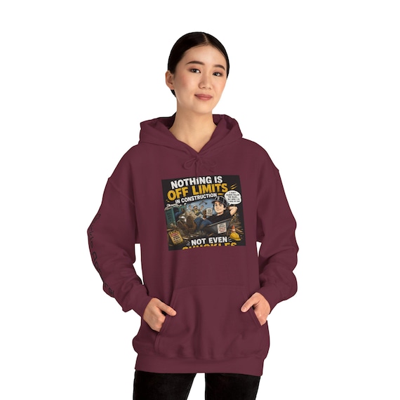 Vintage Construction Comic Hoodie • Retro Blue Collar Humor Sweatshirt