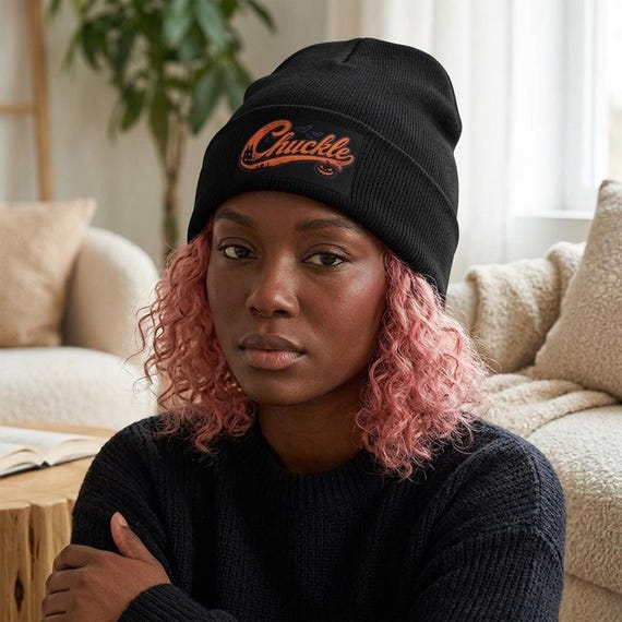 Embroidered Beanie with Retro Logo, Cozy Knit Cuff Hat for Winter