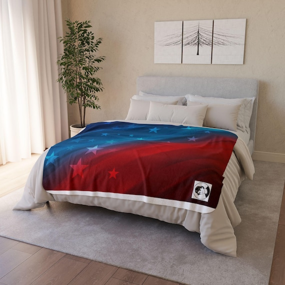 Patriotic Blanket, Red White Blue Starfield Fleece Throw for Home Decor