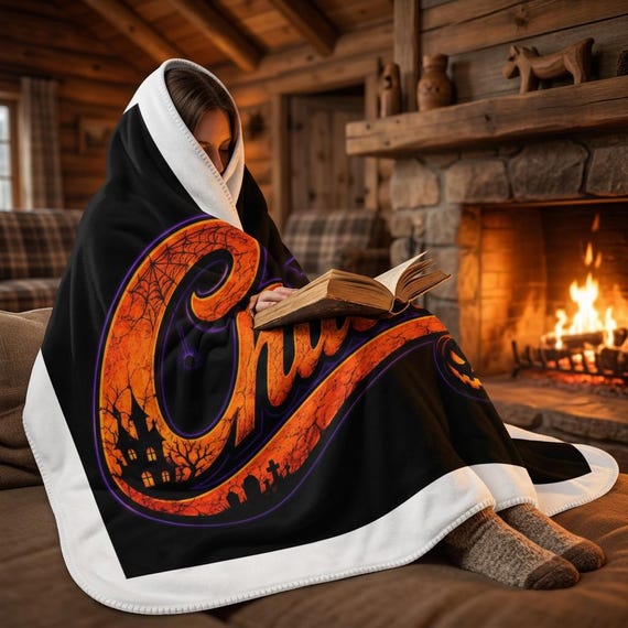 Halloween script Sherpa Blanket | Pumpkin, bats, spooky retro
