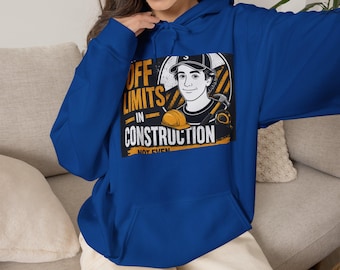 Sudadera con capucha y casco de obrero de la construcción con diseño gráfico "Prohibido en la construcción"