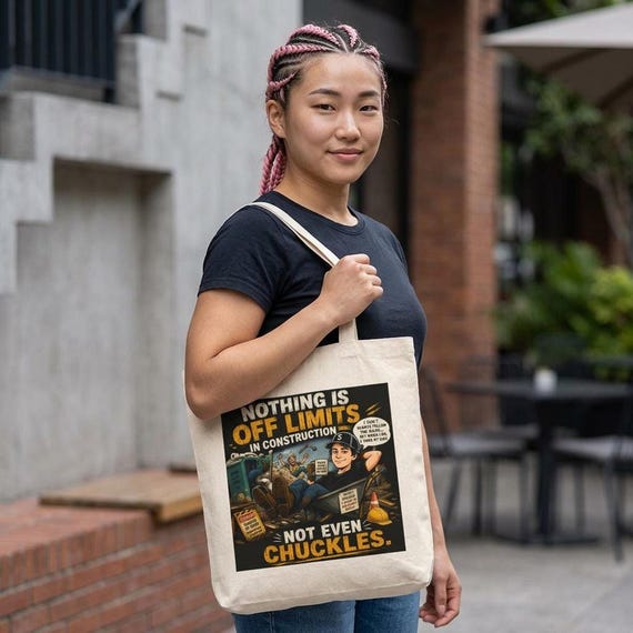 Funny Construction Quote Tote Bag, Witty Jobsite Humor Canvas Bag