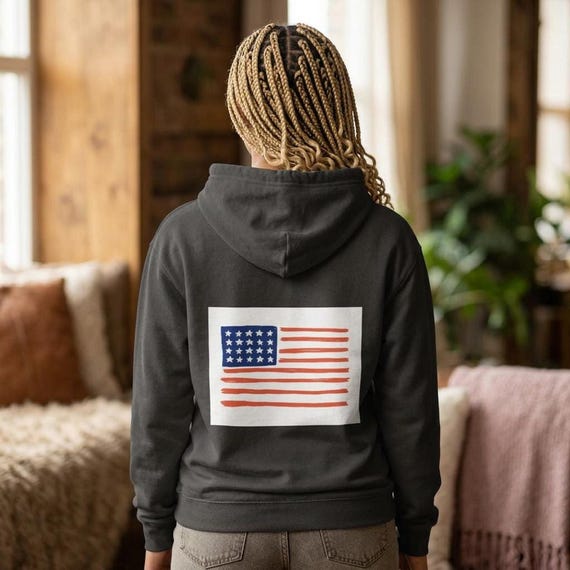 American Flag Hoodie, Hand-Drawn Patriotic Pullover Sweatshirt, Available in Multiple Sizes and Colors