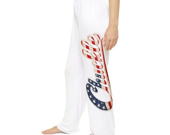 Pantalones de pijama con estampado de corazón y bandera estadounidense / Ropa de estar por casa ligera para mujer