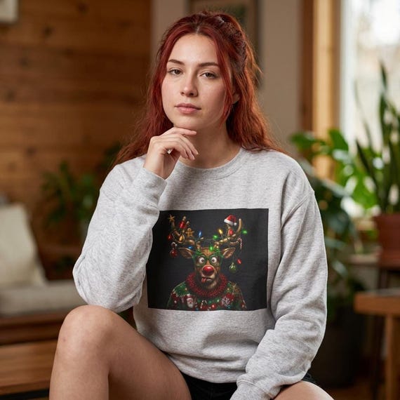 Holiday Party Wear Reindeer Sweatshirt, 50/50 Cotton-Poly Winter Crewneck