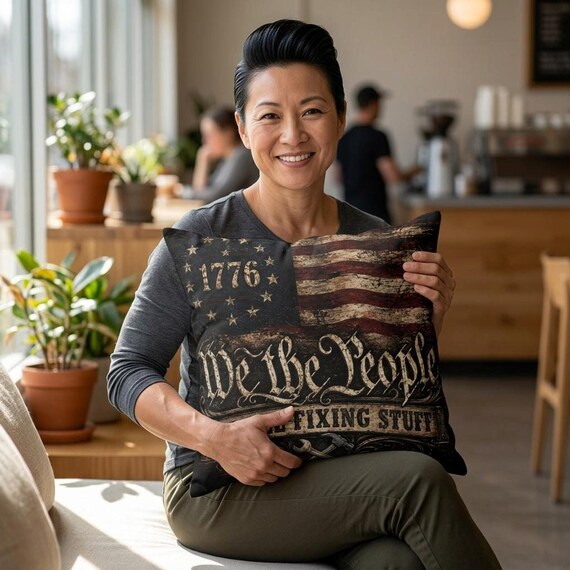 We The People Pillow, 1776 American Flag Throw for Rustic Decor
