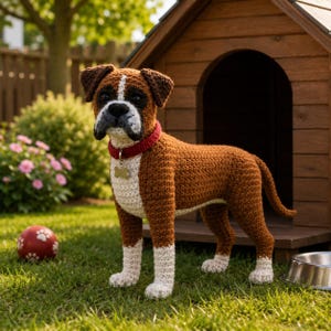 May include: A crocheted boxer dog figurine featuring brown and white yarn, a red collar, and a small bone-shaped tag. The dog has a dark muzzle, pointed ears, and a textured knit surface, standing in a realistic pose with detailed stitching.