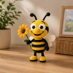 Könnte beinhalten: Ein gehäkeltes Bienen-Spielzeug mit gelb-schwarz gestreiftem Körper, großen weißen Augen mit schwarzen Pupillen, zwei Fühlern und kleinen weißen Flügeln. Die Biene hält eine gehäkelte gelbe Sonnenblume mit brauner Mitte in einem ihrer schwarzen Arme.