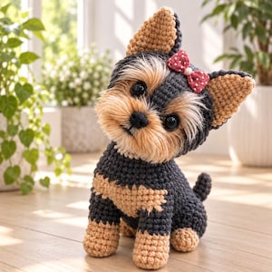 May include: A crocheted stuffed animal shaped like a Yorkshire Terrier dog. The figure features dark gray and tan yarn, large black plastic eyes, a black nose, and a small red bow with white polka dots attached to the top of its head.