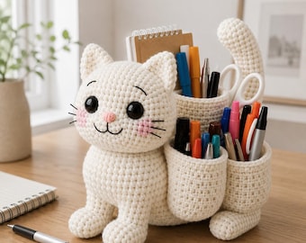 Patrón PDF para organizador de escritorio con forma de gato a crochet / Portalápices de gato amigurumi / Cesta de almacenamiento a crochet / Bonita decoración de oficina