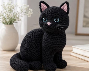 Handmade Black Crochet Cat Plush | Amigurumi Kitten, Gothic Decor, Blue Eyes