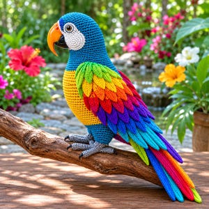 Puede incluir: Una figura de loro tejida a ganchillo con cabeza azul brillante, un parche blanco alrededor del ojo y un pico naranja vibrante. El cuerpo muestra un pecho amarillo, mientras que las alas y las largas plumas de la cola son multicolor.