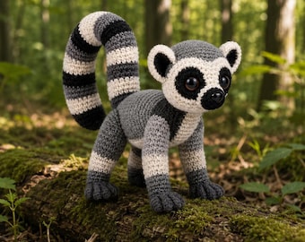 Patrón de lémur a crochet en PDF / Tutorial de peluche amigurumi realista de cola anillada (descarga digital)
