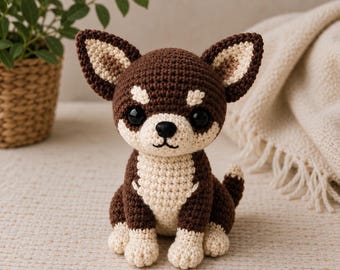 Patrón de ganchillo de chihuahua en PDF / Tutorial de perro amigurumi / Patrón de ganchillo de cachorro adorable / Regalo de peluche de perro pequeño para hacer tú mismo