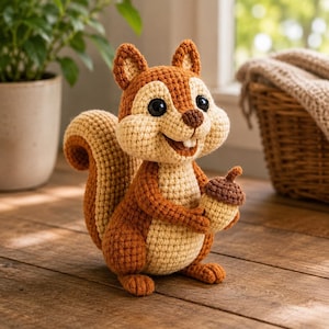 May include: A crocheted squirrel figurine featuring a brown and cream yarn body, large black plastic eyes, and a small brown nose. The squirrel is holding a small brown and cream crocheted acorn in its front paws and has a bushy, curved tail.