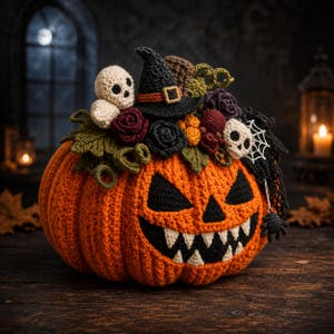 May include: A crocheted orange pumpkin with a carved jack-o'-lantern face featuring black eyes, a triangular nose, and sharp white teeth. It is decorated with a black witch hat, small skulls, dark flowers, green leaves, and a spider web.