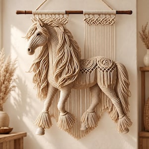 May include: A beige macrame wall hanging featuring a detailed horse figure suspended from a dark wooden rod. The horse is crafted with intricate knotted cord patterns, long flowing mane and tail, and decorative fringe details on its body and legs.