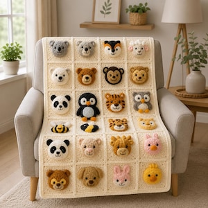 May include: A cream-colored crochet blanket featuring a grid of square panels, each adorned with a three-dimensional stuffed animal face. The animals include a koala, bear, fox, sheep, panda, penguin, tiger, owl, bee, giraffe, rabbit, and chick.