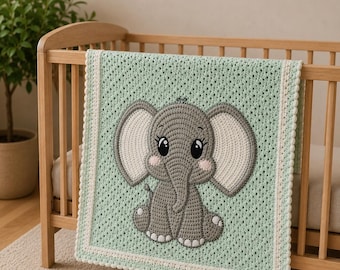 Patrón de manta de bebé de elefante a crochet en PDF / Tutorial de manta afgana para guardería a crochet / Manta con apliques de elefante / Regalo para baby shower
