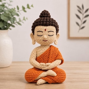 May include: A crocheted Buddha statue in a seated meditation pose. The figure features a brown hair bun, closed eyes, and an orange robe. The statue is made of beige and orange yarn, with a small red dot on the forehead.